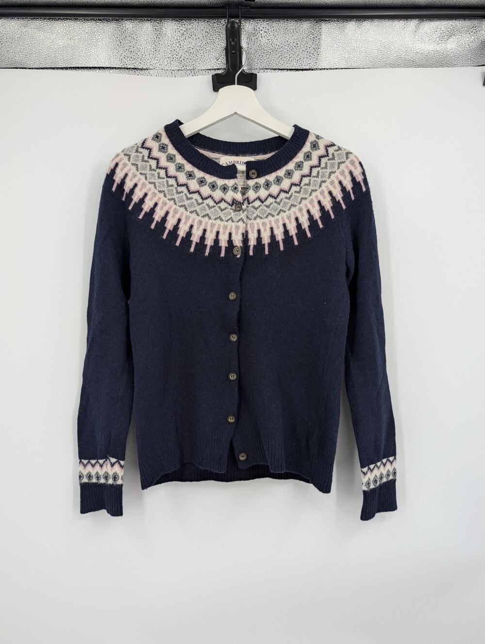 Cambridge Dry Goods Small Lambs Wool Blend Fair Isle Cardigan Cold Weather Warm